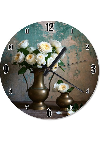 Beyaz Çiçek Vazosu Tasarım Duvar Saati