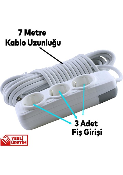 Topraklı Grup Priz 3'lü Anahtarsız 7 Metre Seyyar Ara Kablolu Uzatma Kablolusu Üçlü Piriz
