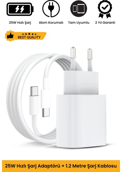 Yeni Nesil 25W Hızlı Şarj Seti Adaptor + Type C Kablosu iPhone 15 16 Samsung Realme Oppo Vb. Uyumlu Şarz Aleti Apple Cihazı Pro Plus Max