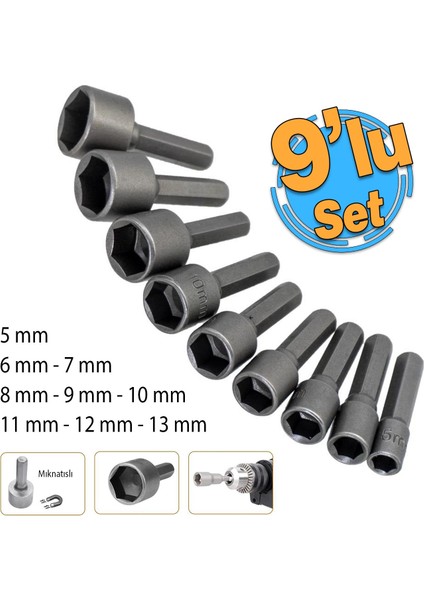 Manyetik Mıknatıslı 5 6 7 8 9 10 11 12 13 mm Somun Civata Adaptör Seti Crv Metal Matkap Uyumlu Uç