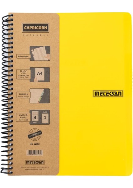 Capricorn Ofis Serisi, A4, 6 Konulu (3 Kareli, 3 Çizgili) 180 Yaprak Pp Kapaklı Spiralli Defter, Sarı