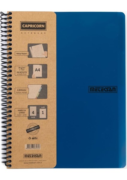 Capricorn Ofis Serisi, A4, 6 Konulu (3 Kareli, 3 Çizgili) 180 Yaprak Pp Kapaklı Spiralli Defter, Lacivert