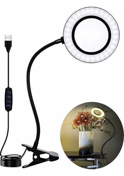 Boy Dim LED Akrobat Masa Lambası, Klipsli Göz Koruyuculu, Ayarlanabilir Açılı, Kitap Okuma Lambası, Ring Light, Çalışma Lambası, Kitap Okuma Işığı, 3 Farklıyanma Modu (Sarı, Beyaz, Gün Işığı)