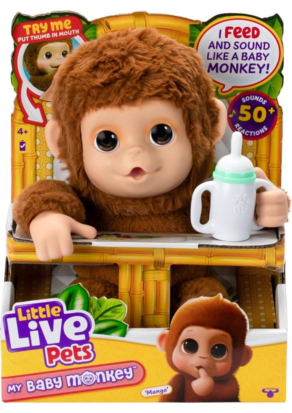 Live Pets My Baby Monkey - 50'den Fazla Ses ve Reaksiyon Özelliğine Sahip Sevimli Interaktif Bebek Maymun Oyuncağı, Hareketli Ağız, Başparmak Emme, Biberon ile Beslenme ve Sallanma Özellikleri