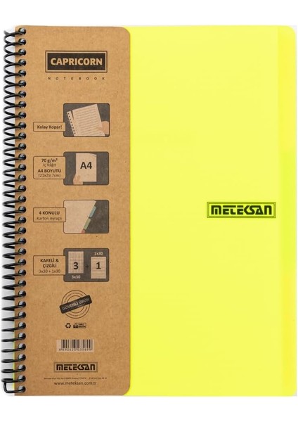 Capricorn Neon Serisi, A4, 7 Konulu (5 Kareli, 2 Çizgili) 210 Yaprak Pp Kapaklı Spiralli Defter, Sarı