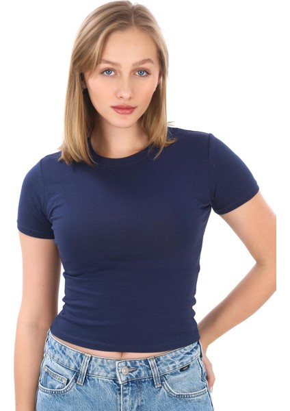 Crop Slim Fit Pamuk Likra Tişört-Lacivert