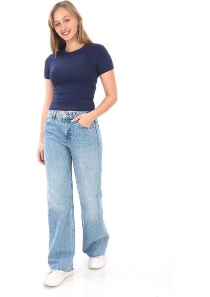 Crop Slim Fit Pamuk Likra Tişört-Lacivert fiyatları
