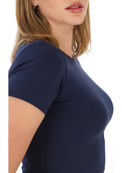Crop Slim Fit Pamuk Likra Tişört-Lacivert modelleri
