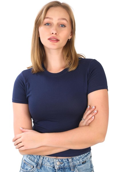 Crop Slim Fit Pamuk Likra Tişört-Lacivert fırsatları