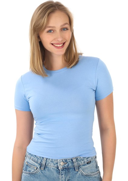 Crop Slim Fit Pamuk Likra Tişört-Mavi