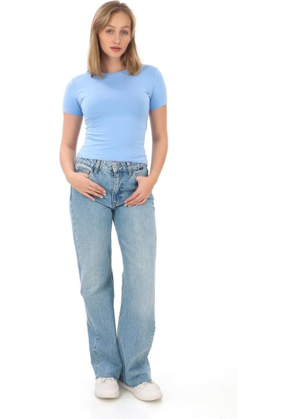 Crop Slim Fit Pamuk Likra Tişört-Mavi