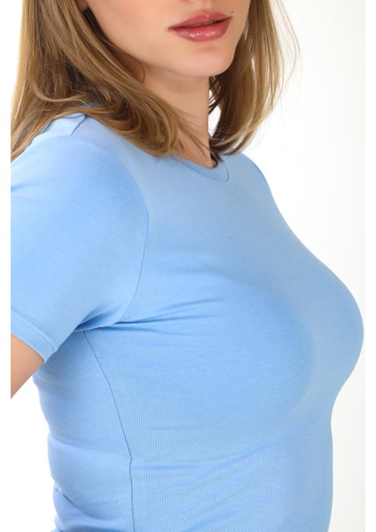 Crop Slim Fit Pamuk Likra Tişört-Mavi