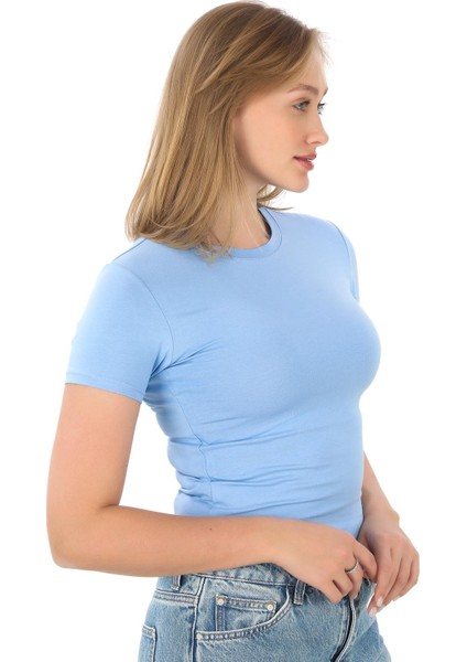 Crop Slim Fit Pamuk Likra Tişört-Mavi