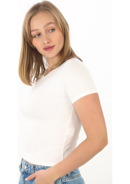 Crop Slim Fit Pamuk Likra Tişört-Ekru