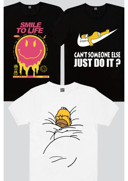 Hayata Gülümse Siyah, Tembel Baba, Uykucu Baba Erkek Tişört 3'lü Eko Paket