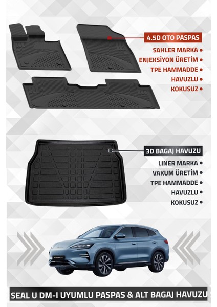 Byd Seal U Dm-I 2024+ Uyumlu Liner Marka 3D Kulaksız Üst Bagaj Havuzu + Sahler 4.5d Oto Paspas