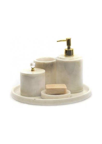 5'li Beyaz Mermer Yuvarlak Formlu Banyo Seti Gold