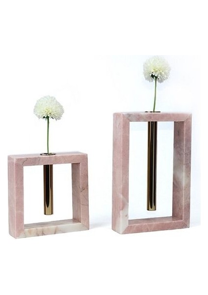 2'li Gold Metal Detaylı Pembe Mermer Obje