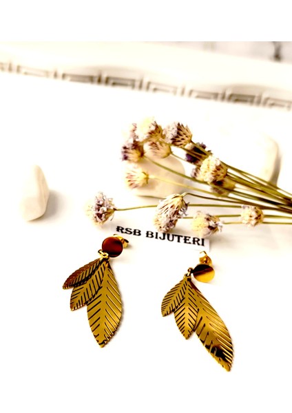 Küpe yaprak sallantılı altın kaplama 316 L çelik + hediye paketi