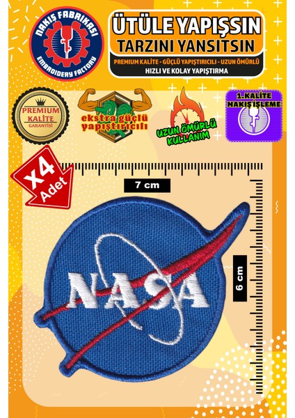 Ütü ile Yapışan Nakışlı Arma Yama, Nasa Logo (4 Adet) Ütüyle Yapışan Nakış Dokuma Aplike Patch