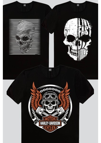 Hızlı Yaşa, Şerit Kafa, Motorcu Kurukafa Erkek Tişört 3'lü Eko Paket
