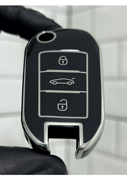Opel Corsa F Comboe Granland x Crossland x Sustalı Anahtar Kılıfı Siyah Gümüş