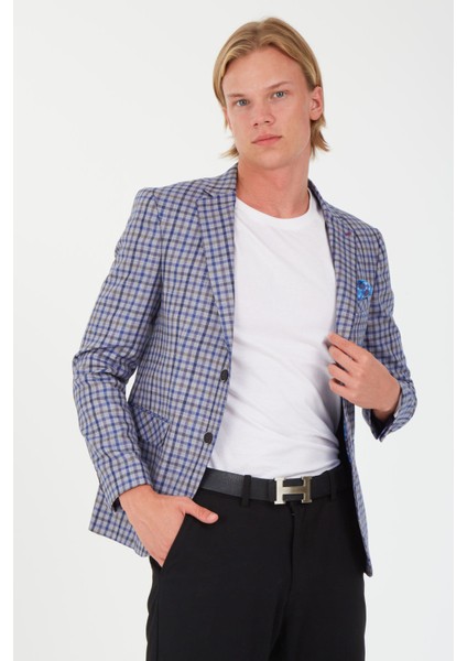 5138 Dar Kalıp Kare Desenli Bordo Erkek Blazer Ceket
