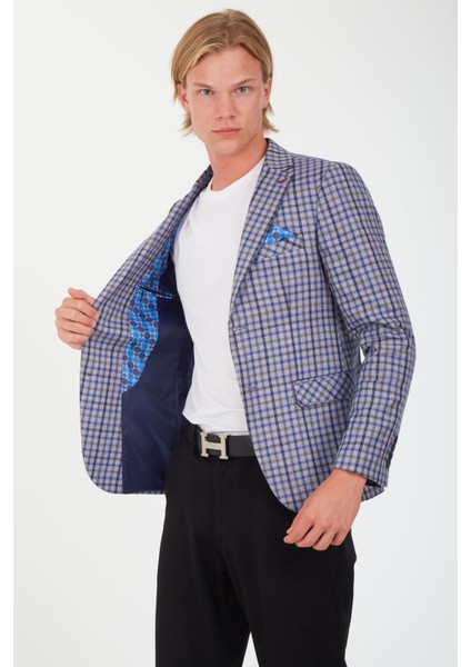 5138 Dar Kalıp Kare Desenli Bordo Erkek Blazer Ceket