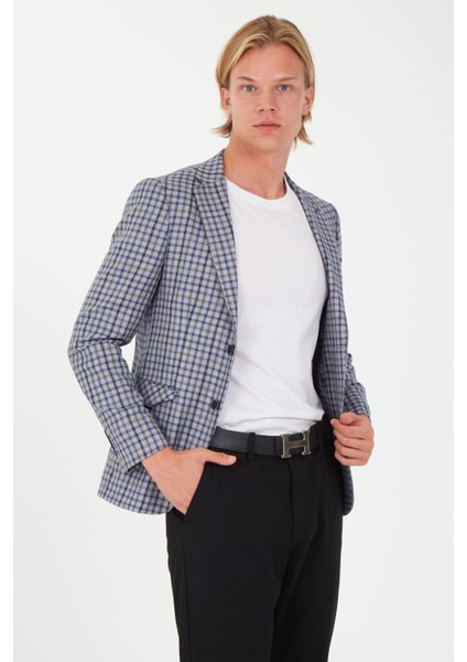 5138 Dar Kalıp Kare Desenli Bordo Erkek Blazer Ceket