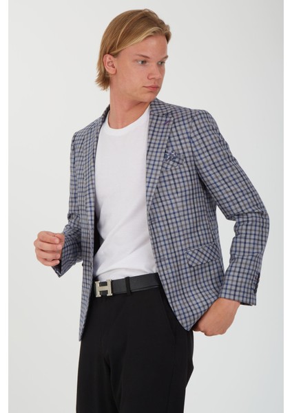 5138 Dar Kalıp Kare Desenli Bordo Erkek Blazer Ceket