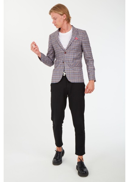 5138 Dar Kalıp Kare Desenli Bordo Erkek Blazer Ceket