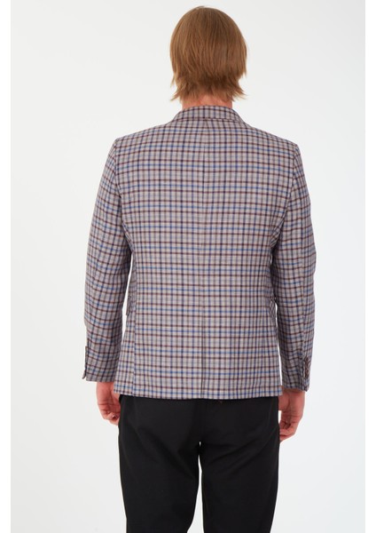 5138 Dar Kalıp Kare Desenli Bordo Erkek Blazer Ceket
