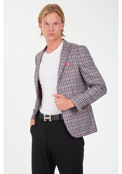 5138 Dar Kalıp Kare Desenli Bordo Erkek Blazer Ceket