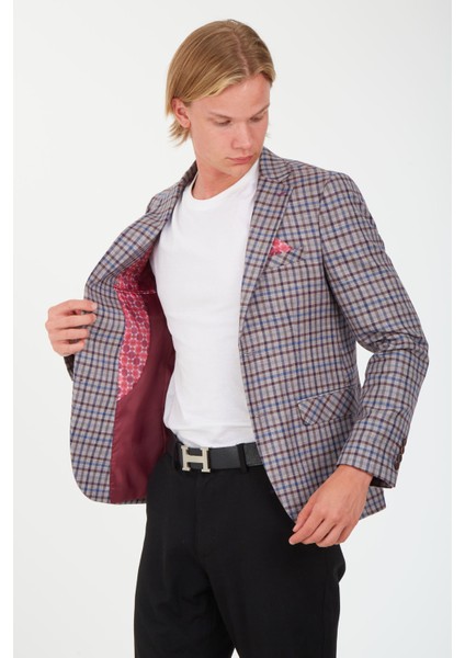 5138 Dar Kalıp Kare Desenli Bordo Erkek Blazer Ceket