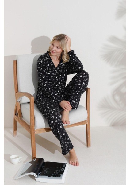Kadın Kalp Desenli Düğmeli Pamuklu Gömlek Yaka Uzun Kollu Pijama Takımı