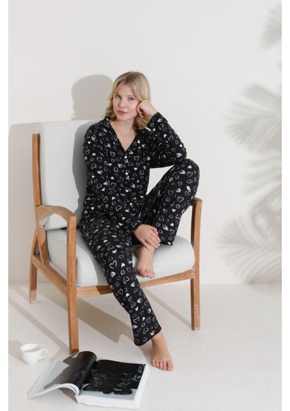 Kadın Kalp Desenli Düğmeli Pamuklu Gömlek Yaka Uzun Kollu Pijama Takımı