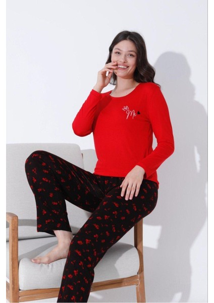 Kadın Pamuklu Uzun Kollu Bisiklet Yaka Desenli Pijama Takımı