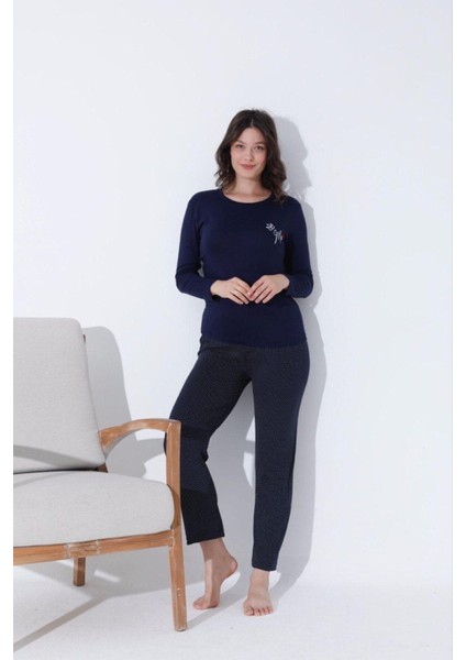 Kadın Pamuklu Uzun Kollu Bisiklet Yaka Desenli Pijama Takımı