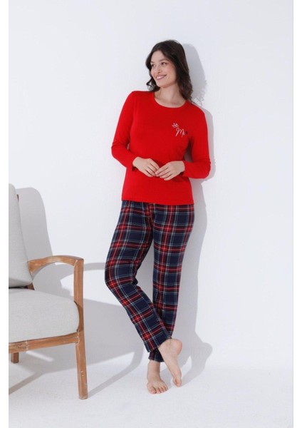 Kadın Pamuklu Uzun Kollu Bisiklet Yaka Desenli Pijama Takımı