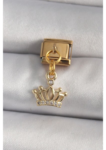316L Çelik Gold Renk Sallantı Zirkon Taşlı Taç Model Nomination Charm