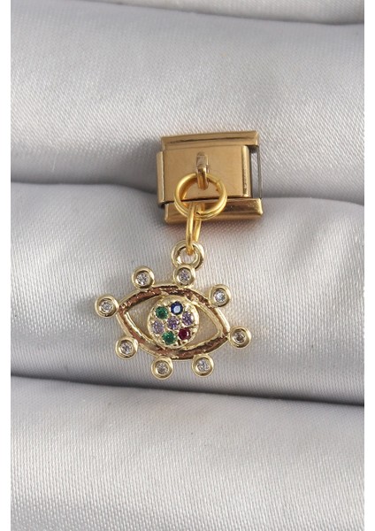 316L Çelik Gold Renk Sallantı Zirkon Taşlı Göz Model Nomination Charm