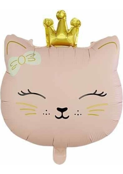 Taçlı Kedi Kafa Bej Renk Folyo Balon