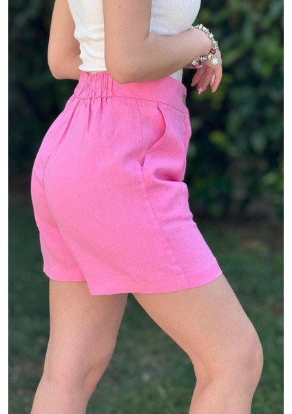 Kadın Premium Kalite Keten Pembe Şort