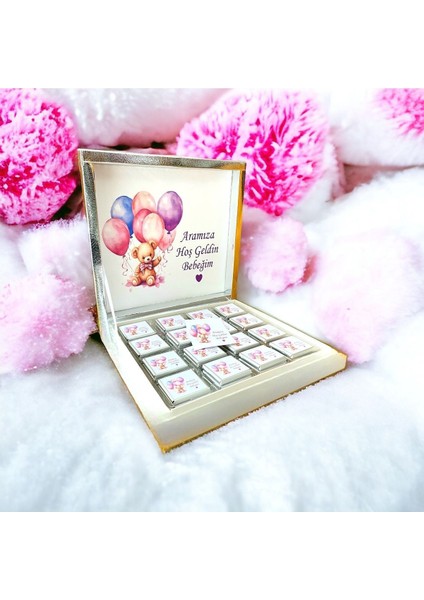 YENİ!! İsimli mor-pembe Balonlu Kız Bebek çikolatası 48li Doğum-Mevlid-Hediyelik-
