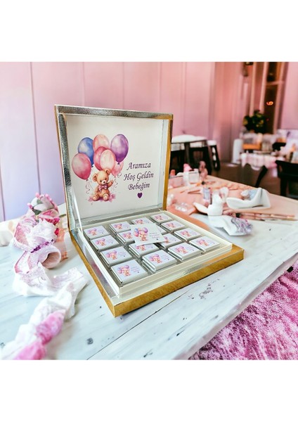 YENİ!! İsimli mor-pembe Balonlu Kız Bebek çikolatası 48li Doğum-Mevlid-Hediyelik- fiyatları