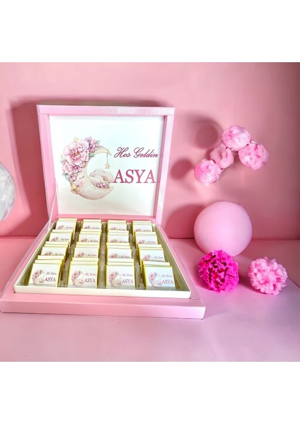 Yeni!! Luxury Isimli soft Pembe Ay Çiçek Kız Bebek Çikolatası 48LI Doğum-Mevlid-Hediyelik- fırsatları