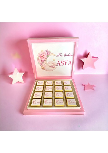 Yeni!! Luxury Isimli soft Pembe Ay Çiçek Kız Bebek Çikolatası 48LI Doğum-Mevlid-Hediyelik- fiyatları