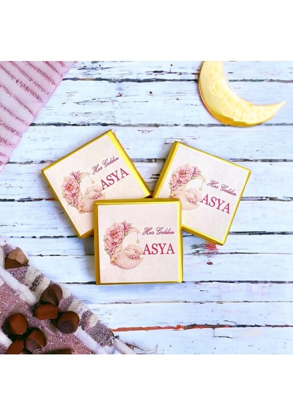 Yeni!! Luxury Isimli soft Pembe Ay Çiçek Kız Bebek Çikolatası 48LI Doğum-Mevlid-Hediyelik- indirimleri