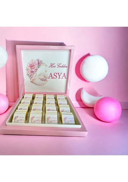 Yeni!! Luxury Isimli soft Pembe Ay Çiçek Kız Bebek Çikolatası 48LI Doğum-Mevlid-Hediyelik-