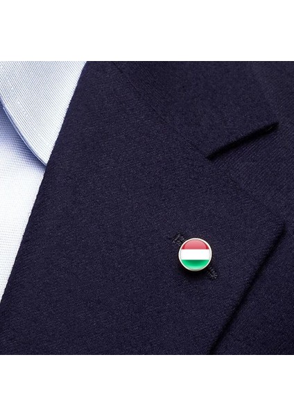 Maceristan Hungary Ülke Bayrağı Paslanmaz Çelik Iğneli 3D Yuvarlak Camlı Rozet